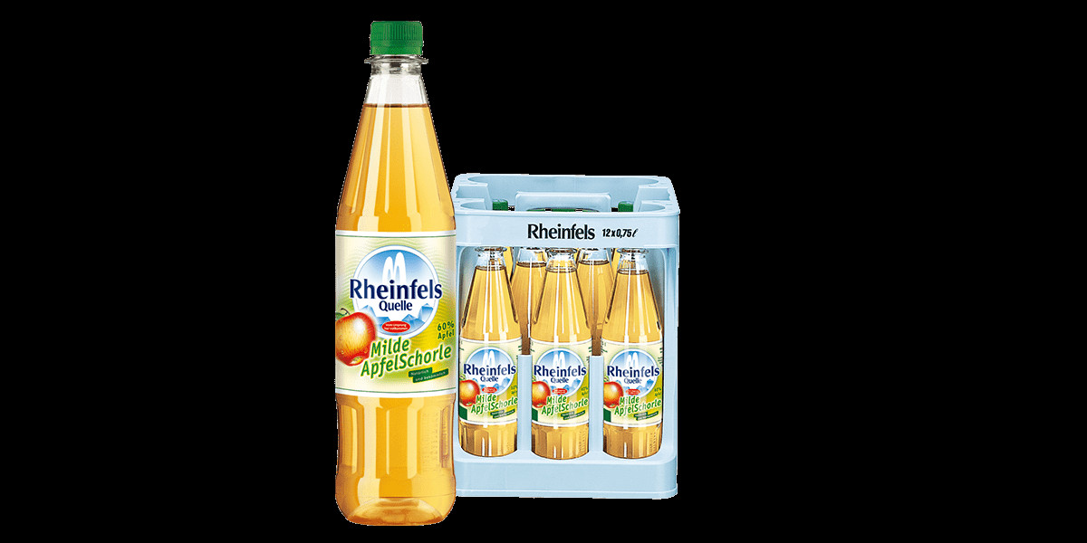 Kasten mit 12 Flaschen Rheinfels Quelle Milde Apfelschorle in 0,75 L PET-Mehrweg