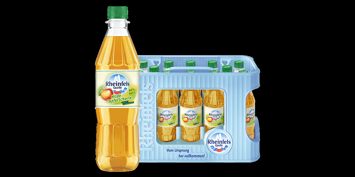 Kasten mit 12 Flaschen Rheinfels Quelle Milde Apfelschorle in 0,5 L PET-Mehrweg
